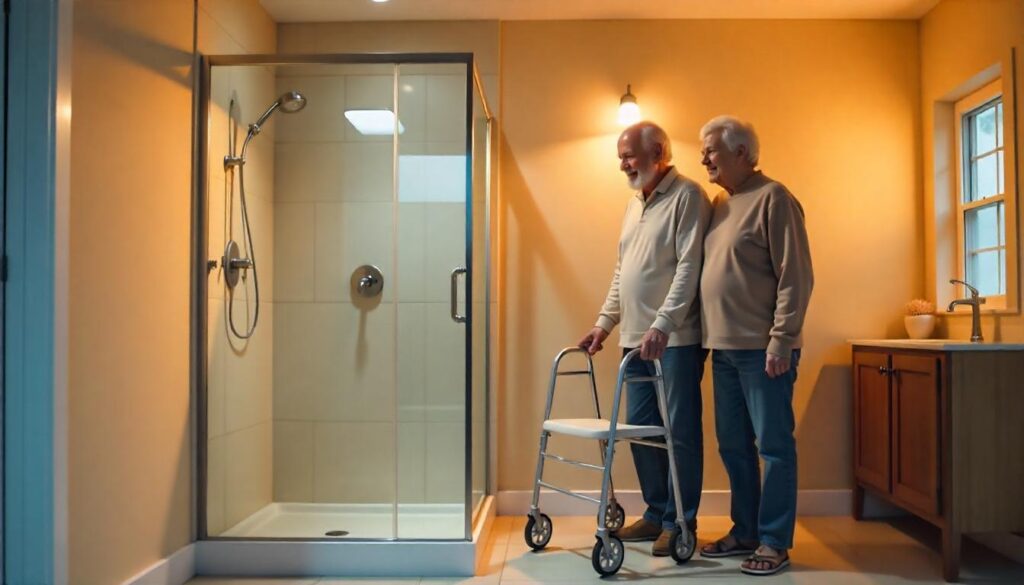 two elderly person in a bath room watching there newly install walk in shower