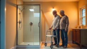 two elderly person in a bath room watching there newly install walk in shower