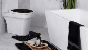 Elder-friendly bath mat with non-slip grip in a softly lit, safe bathroom.