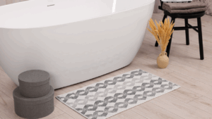 Elderly person stepping onto an anti-slip bathroom mat for added safety.