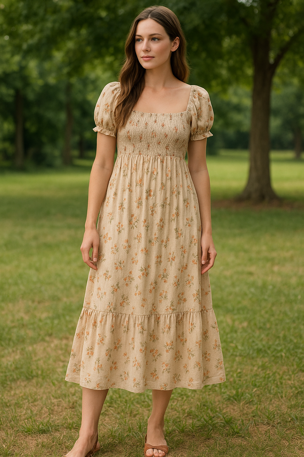 3. Plus-size elderly lady in a loose cotton maxi dress