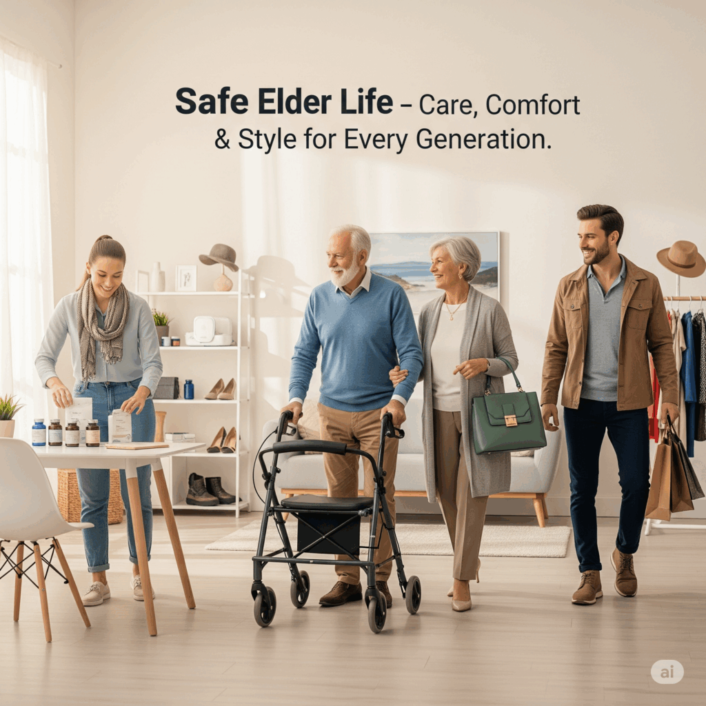 Cheerful family portrait with seniors and young couple, representing health and lifestyle.
