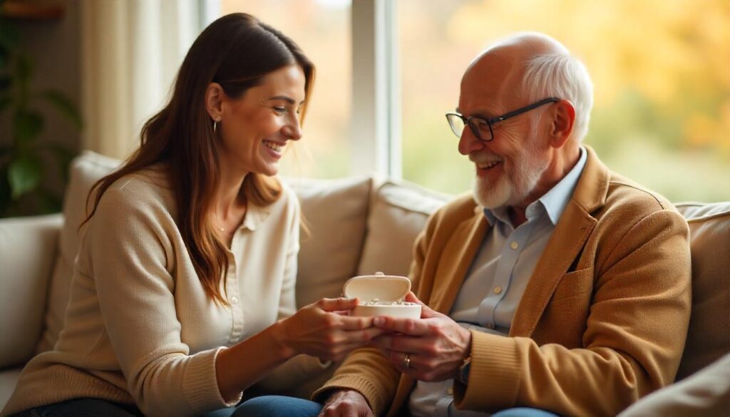 A woman give her grandpa a hearing aids box
