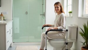 Woman using adjustable toilet safety rails for support in a modern bathroom