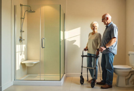 Walk in shower for elderly people with easy-access door and slip-resistant tiles
